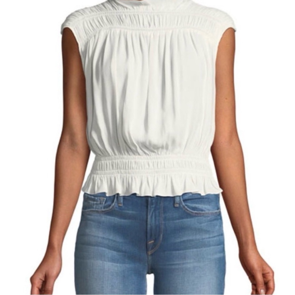 Frame Denim Cream Sleeveless Smocked Peplum Top